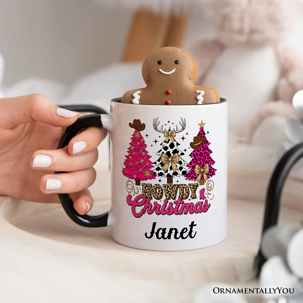 Howdy Pink Christmas Western Christmas Personalized Mug, Leopard Print Retro Holiday Gift with Custom Name