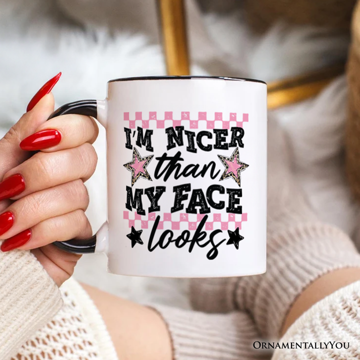 I'm Nicer Than My Face Looks Sarcastic Mug, Relatable Checkered Gift