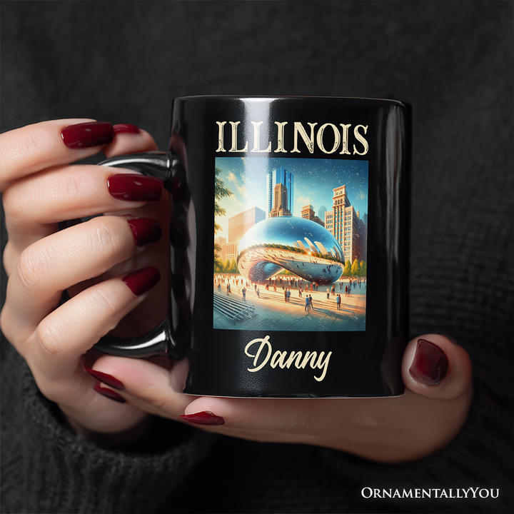 Modern Illinois State Cloud Gate Personalized Mug, Iconic Chicago Bean Gift and Urban Landmark Souvenir with Custom Name