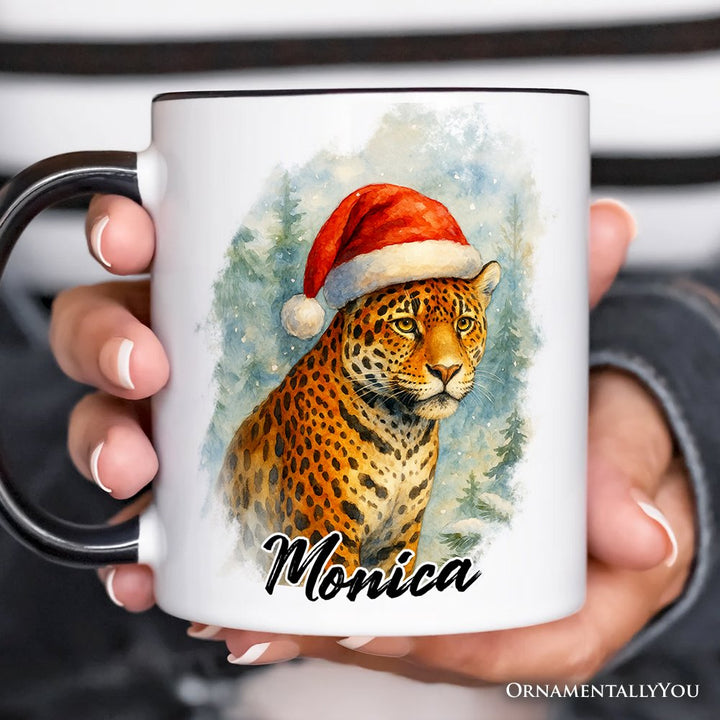 Watercolor Jaguar in Santa Hat Christmas Personalized Mug, Exotic Wildlife Holiday Gift with Custom Name Personalized Ceramic Mug OrnamentallyYou 