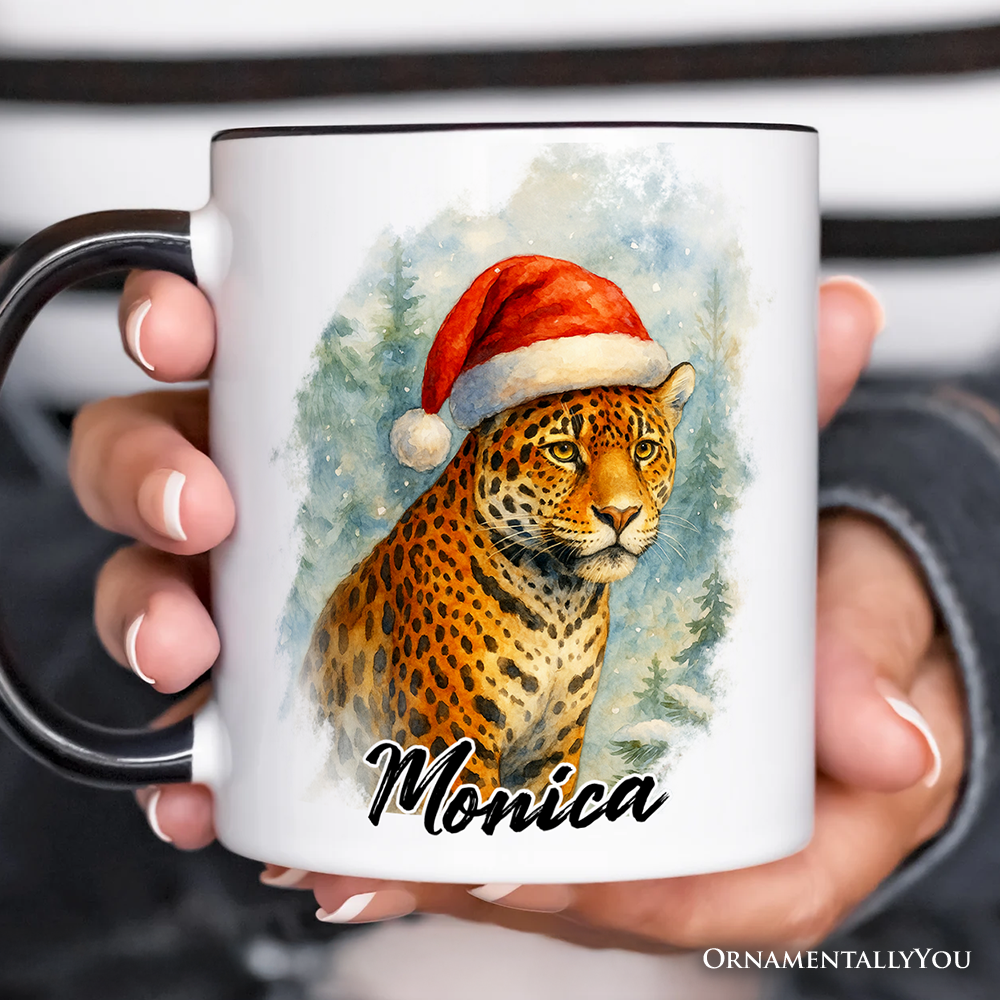Watercolor Jaguar in Santa Hat Christmas Personalized Mug, Exotic Wildlife Holiday Gift with Custom Name