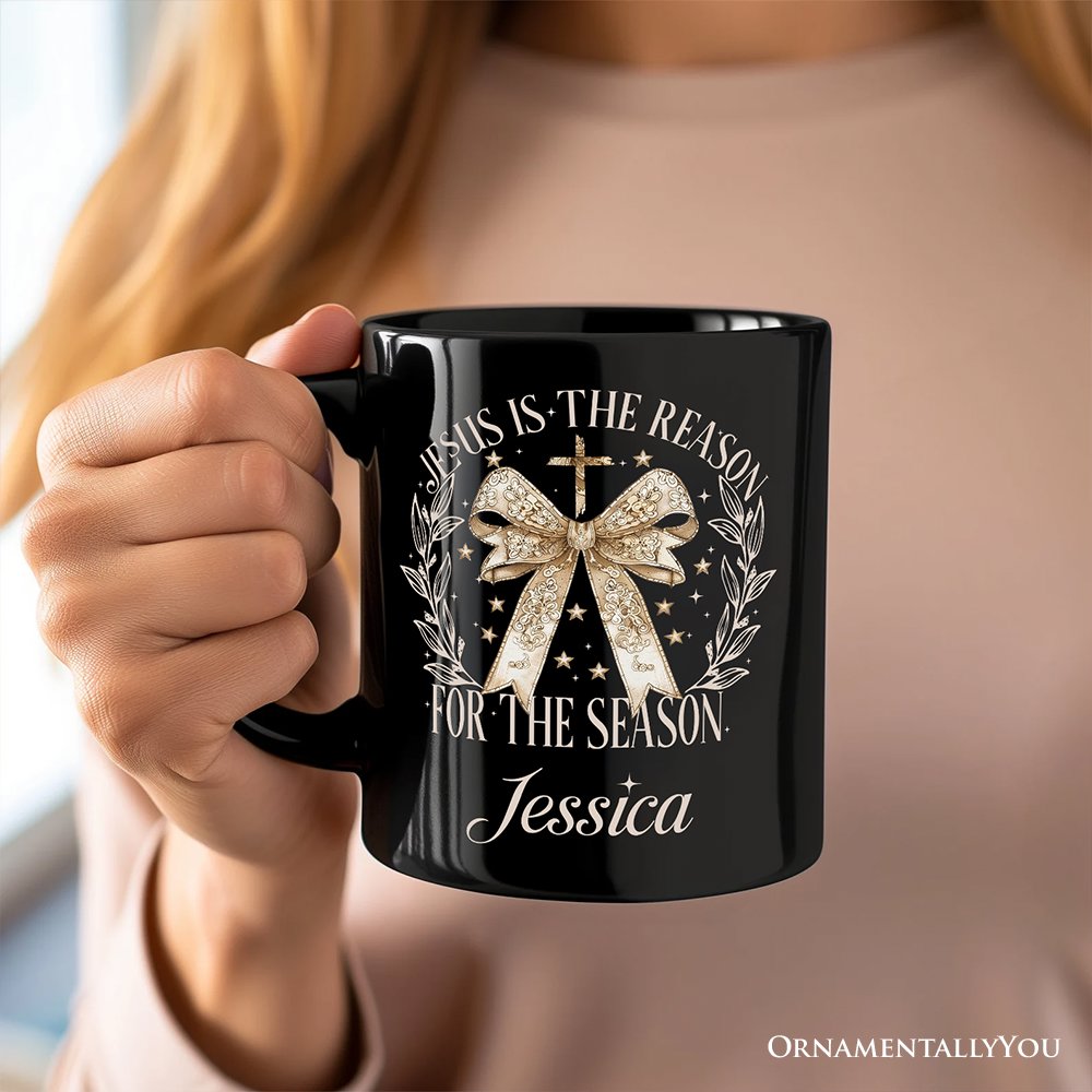 Jesus Is the Reason Christmas Personalized Mug, Coquette Gold Bow Cross Gift with Custom Name Personalized Ceramic Mug OrnamentallyYou 