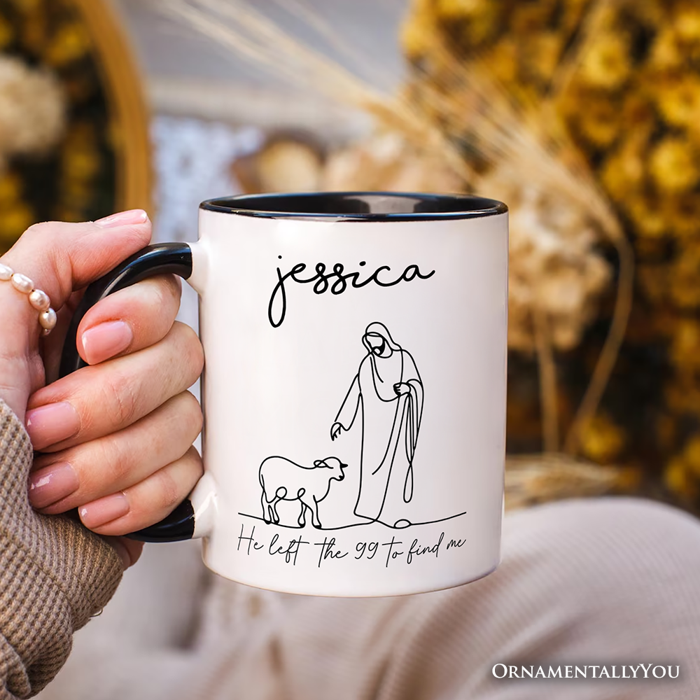 Christian Minimalist Line Art Personalized Mug, He Left the 99 to Find Me Bible Verse Faith Gift with Custom Name