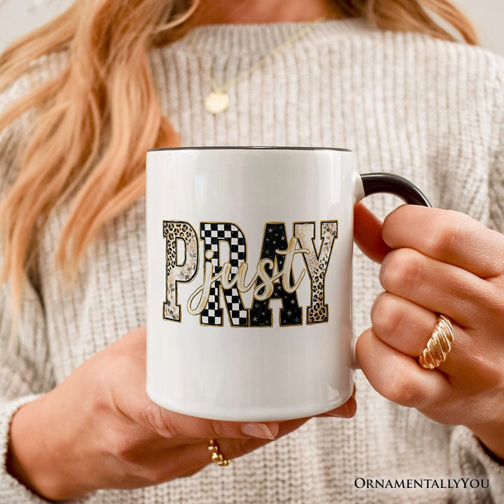 Just Pray Christian Varsity Mug, Retro Leopard Checkered Faith Gift Personalized Ceramic Mug OrnamentallyYou 