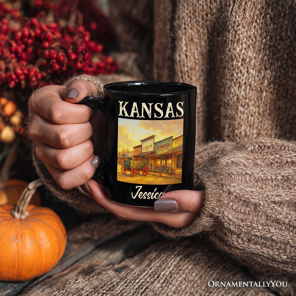 Vintage Kansas State Dodge City Boot Hill Street Scene Personalized Mug, Wild West Gift and Frontier Souvenir with Custom Name Personalized Ceramic Mug OrnamentallyYou 