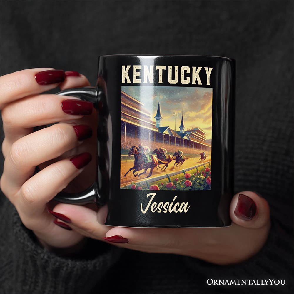 Iconic Kentucky State Horse Racing Personalized Mug, Churchill Downs Gift and Derby Heritage Souvenir with Custom Name Personalized Ceramic Mug OrnamentallyYou 
