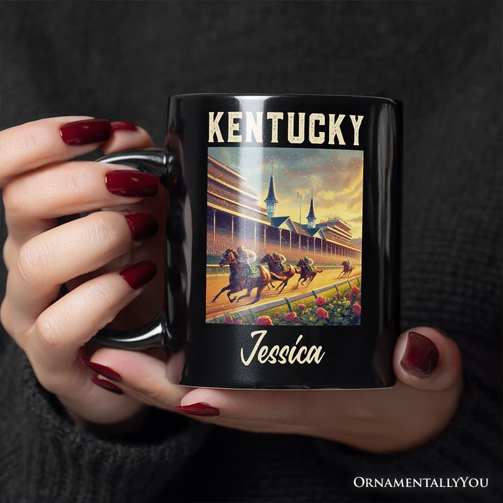 Iconic Kentucky State Horse Racing Personalized Mug, Churchill Downs Gift and Derby Heritage Souvenir with Custom Name Personalized Ceramic Mug OrnamentallyYou 