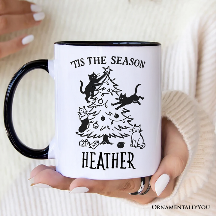 Christmas Tree Killer Cats Personalized Mug, Tis the Season Funny Holiday Gift with Custom Name