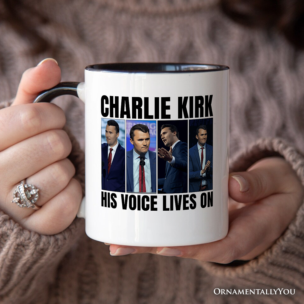 His Voice Lives On Charlie Kirk Graphic Mug, Women or Men Patriotic Republican Gift