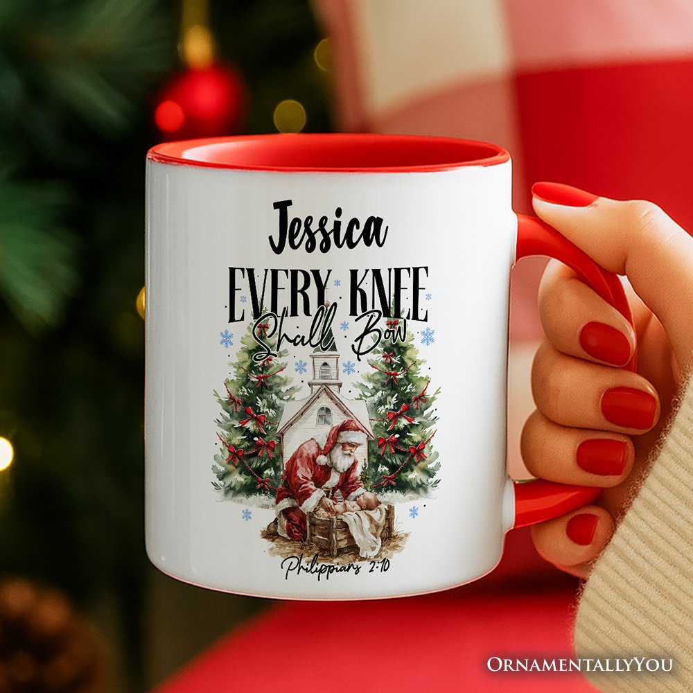 Every Knee Shall Bow Nativity Santa Personalized Mug, Jesus Philippians 2:10 Christian Christmas Gift with Custom Name Personalized Ceramic Mug OrnamentallyYou 