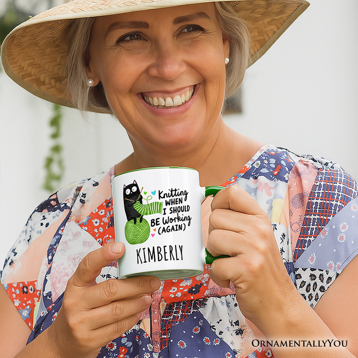 Knitting Black Cat Cute Personalized Mug, Funny Working Crafter Animal Gift with Custom Name