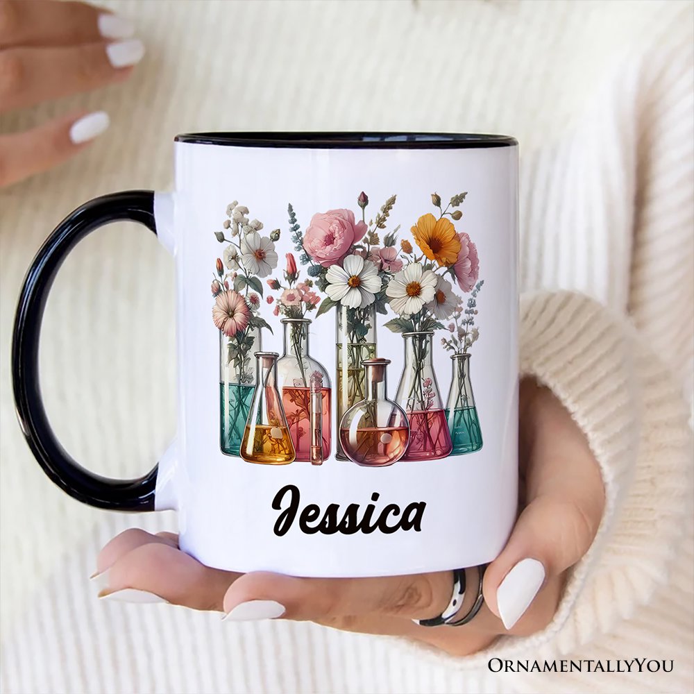 Floral Science Lab Beakers Personalized Mug, Flowers Chemistry Scientist Gift with Custom Name Personalized Ceramic Mug OrnamentallyYou 
