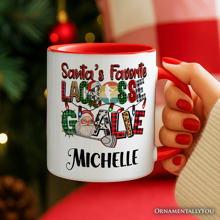 Santa’s Favorite Lacrosse Goalie Personalized Mug, Plaid Christmas Athelete Gift with Custom Name