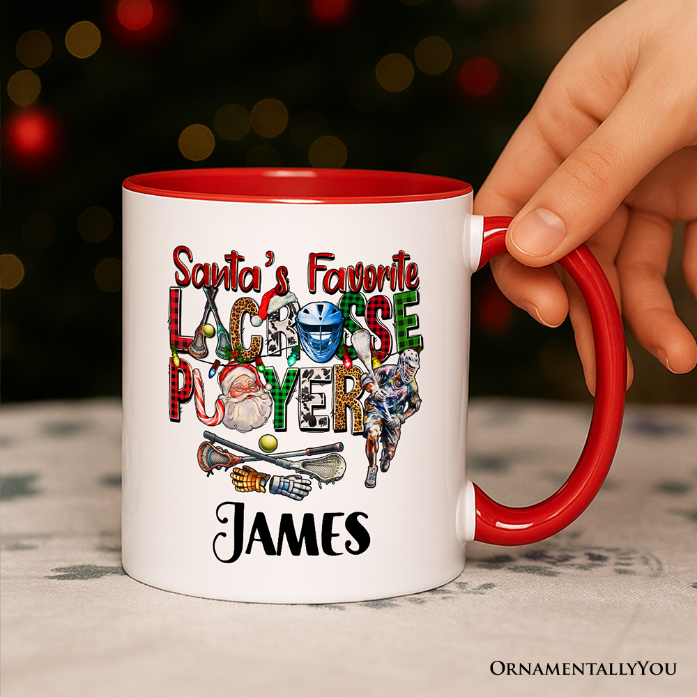 Santa’s Favorite Lacrosse Player Personalized Mug, Plaid Christmas Athlete Gift with Custom Name