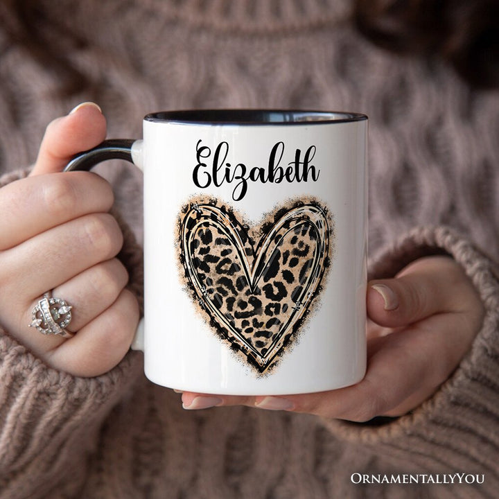 Leopard Heart Valentine Personalized Mug, Watercolor Love Gift with Custom Name Personalized Ceramic Mug OrnamentallyYou 