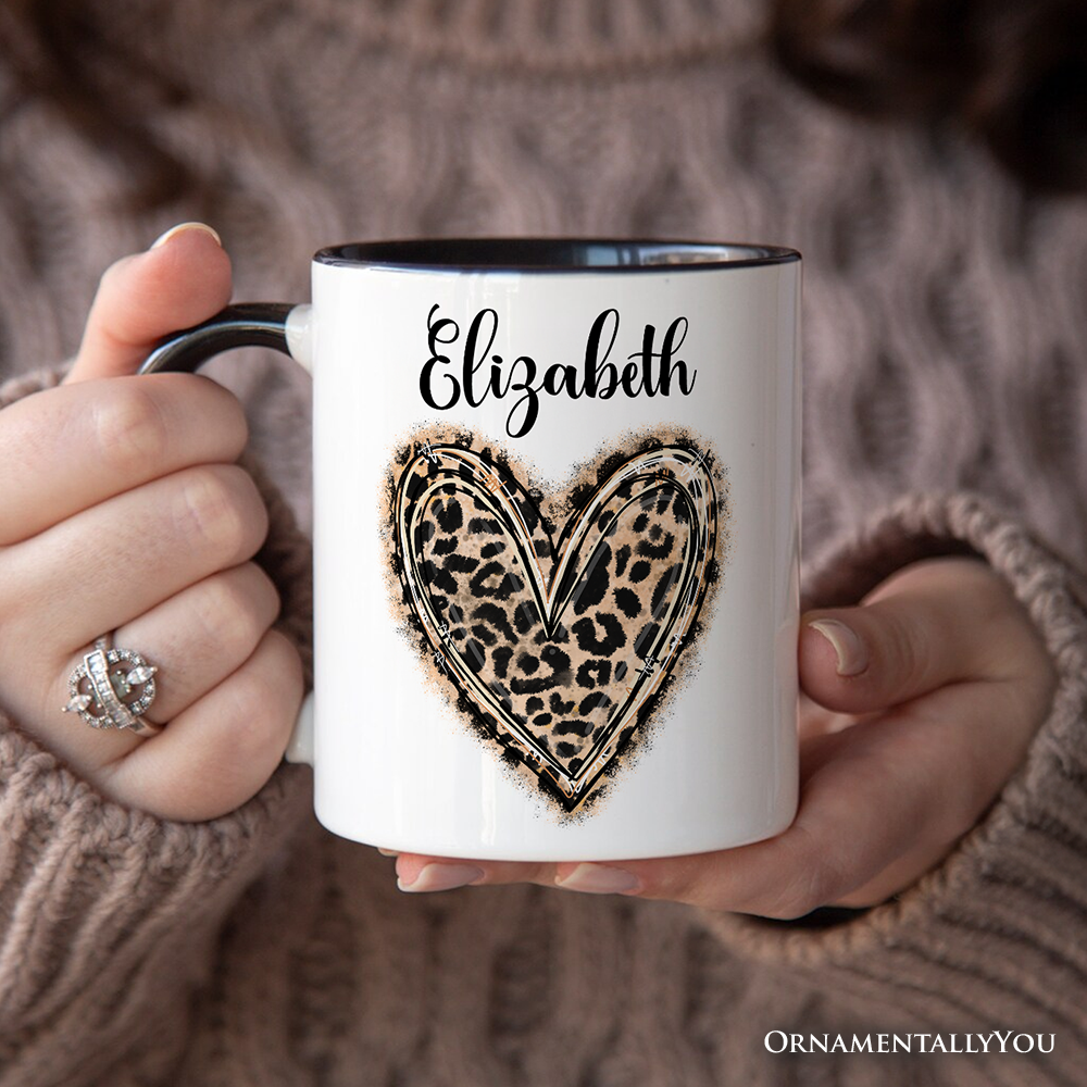 Leopard Heart Valentine Personalized Mug, Watercolor Love Gift with Custom Name