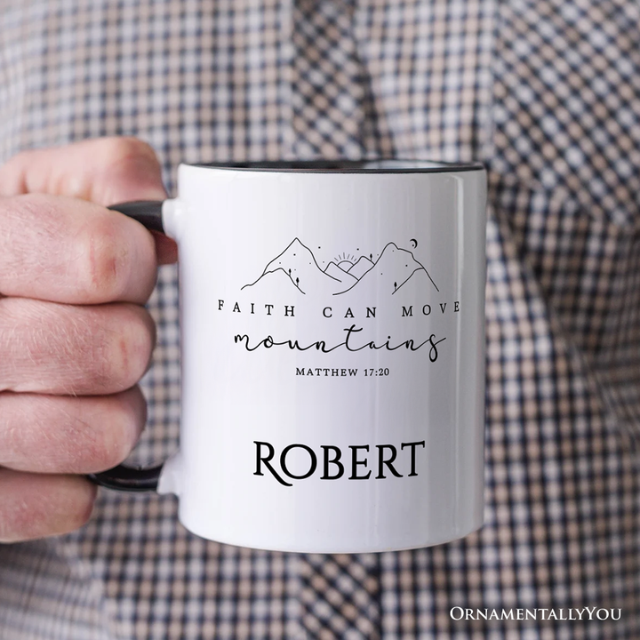 Faith Can Move Mountains Matthew 1720 Christian Personalized Mug, Minimalist Mountain Religious Gift with Custom Name