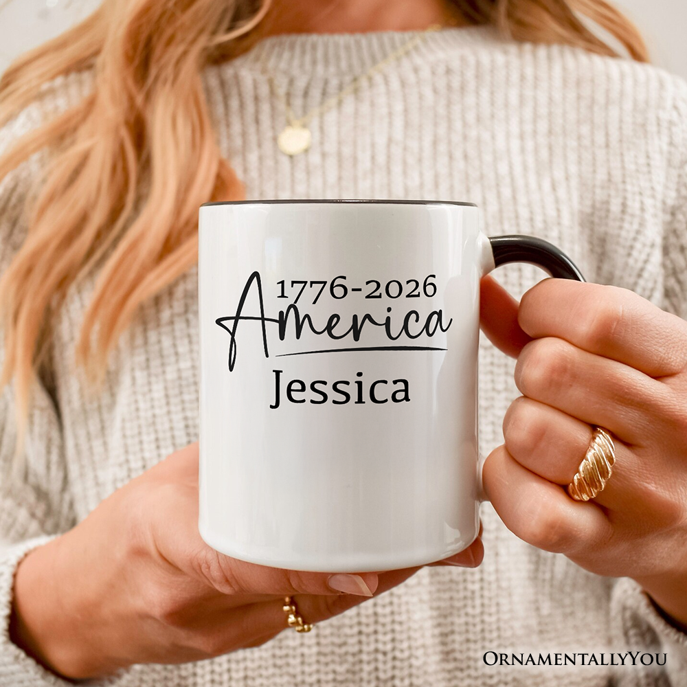 250 Years American Anniversary Personalized Mug, 4th of July Minimalistic Patriotic 1776–2026 Gift with Custom Name