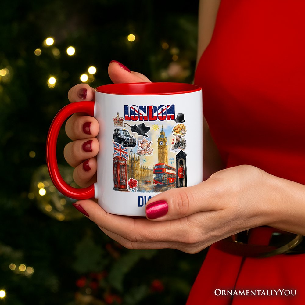 Classic London Artwork City Full of Landmarks Personalized Mug, Vintage Gift and Souvenir of England with Custom Name Personalized Ceramic Mug OrnamentallyYou 
