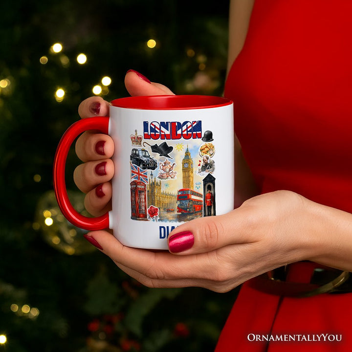 Classic London Artwork City Full of Landmarks Personalized Mug, Vintage Gift and Souvenir of England with Custom Name Personalized Ceramic Mug OrnamentallyYou 