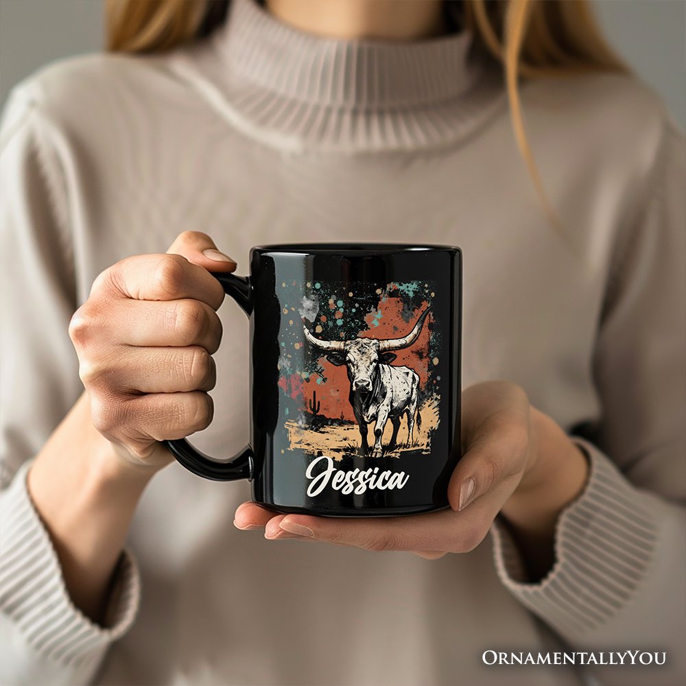 Western Longhorn Bull Personalized Mug, Cowboy Rodeo Gift with Custom Name Personalized Ceramic Mug OrnamentallyYou 
