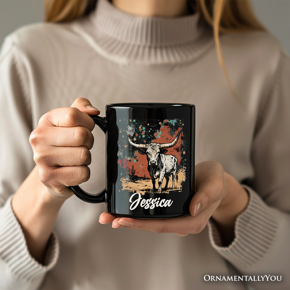 Western Longhorn Bull Personalized Mug, Cowboy Rodeo Gift with Custom Name