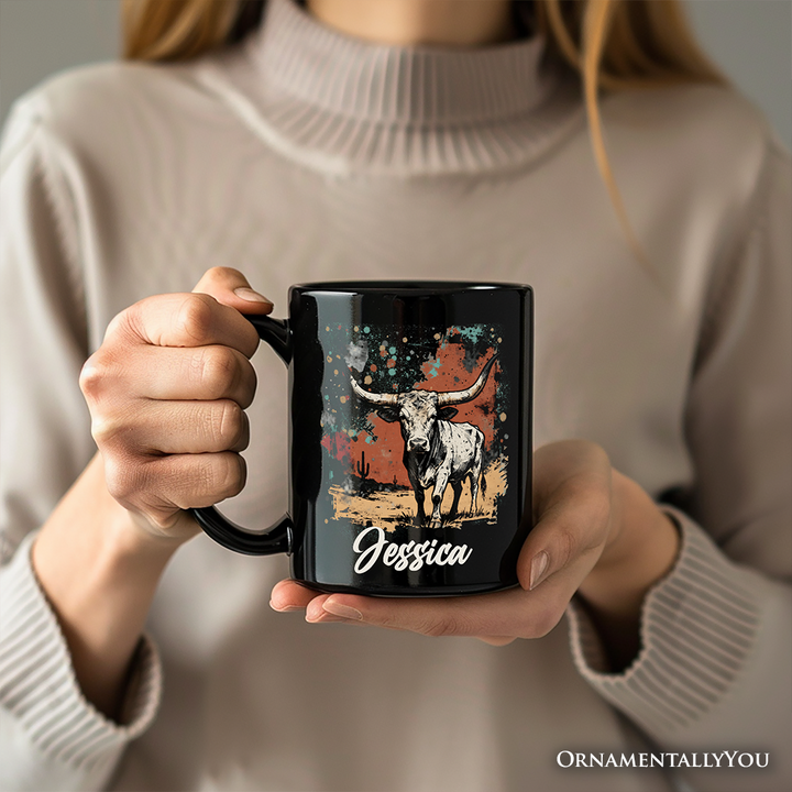 Western Longhorn Bull Personalized Mug, Cowboy Rodeo Gift with Custom Name