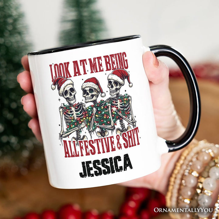 Funny Skeletons in Santa Hat Christmas Personalized Mug, Look At Me Being All Festive Gift with Custom Name Personalized Ceramic Mug OrnamentallyYou 