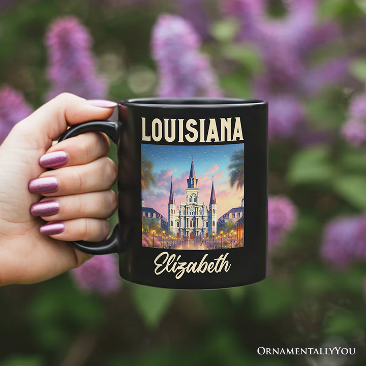 Artistic Louisiana State Cathedral Personalized Mug, St. Louis Landmark Gift and Holiday Keepsake Souvenir with Custom Name