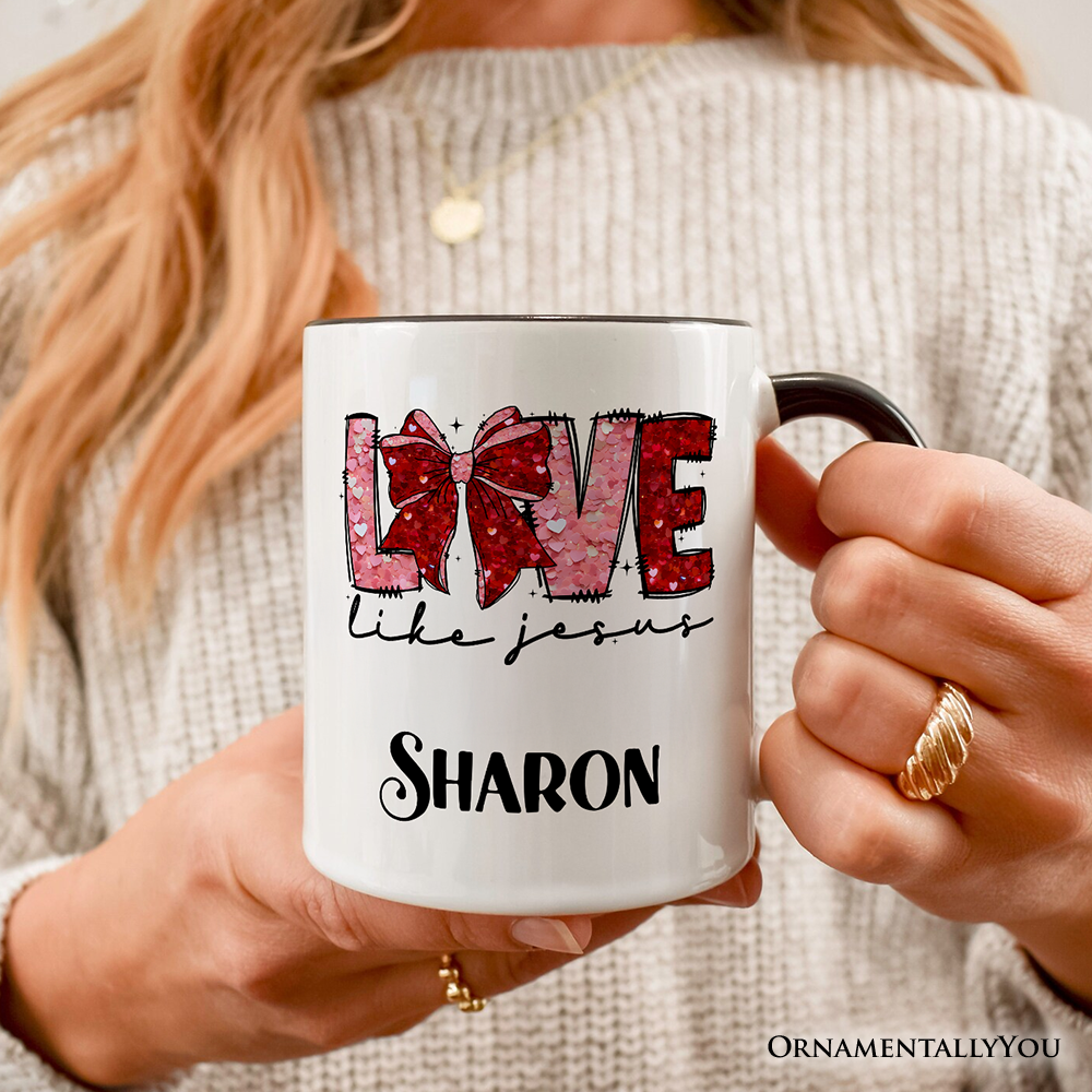 Love Like Jesus Coquette Bow Valentine Personalized Mug, Christian Hearts Gift with Custom Name