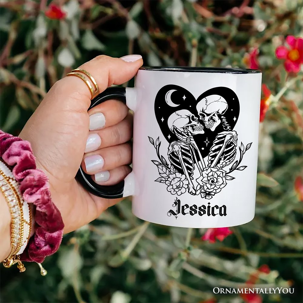 The Lovers Skeletons Personalized Mug, Spooky Gothic Romantic Valentine Gift with Custom Name Personalized Ceramic Mug OrnamentallyYou 