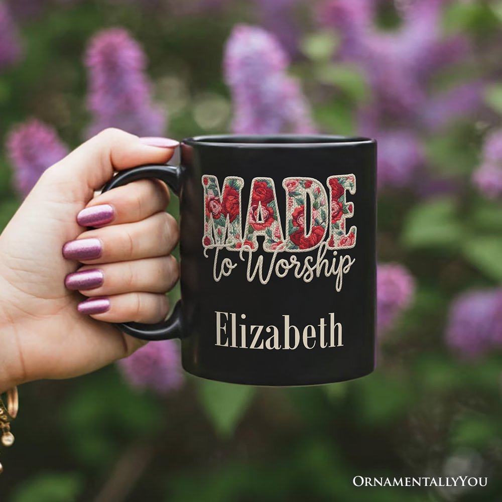 Made to Worship Printed Faux Yarn Crochet Christian Personalized Mug, Floral Retro Faith Gift with Custom Name Personalized Ceramic Mug OrnamentallyYou 