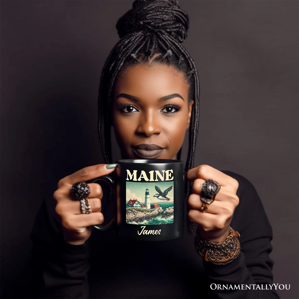 Vintage Maine State Lighthouse and Puffin Personalized Mug, New England Coastal Gift and Seaside Souvenir with Custom Name