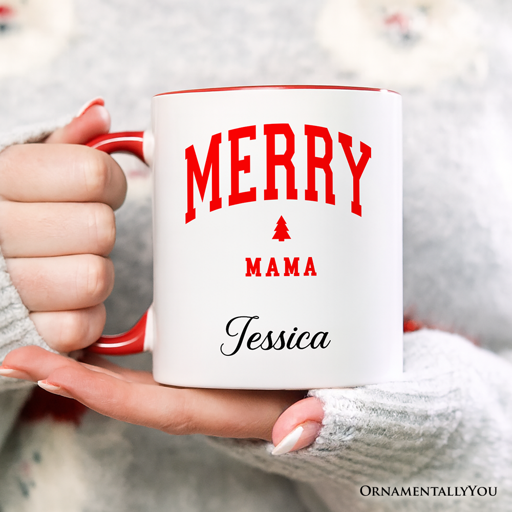 Merry Mama Retro Christmas Personalized Mug, Matching Family Holiday Gift with Custom Name