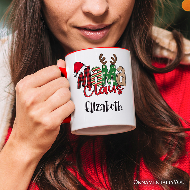 Mama Claus Retro Christmas Personalized Mug, Matching Family Holiday Gift with Custom Name