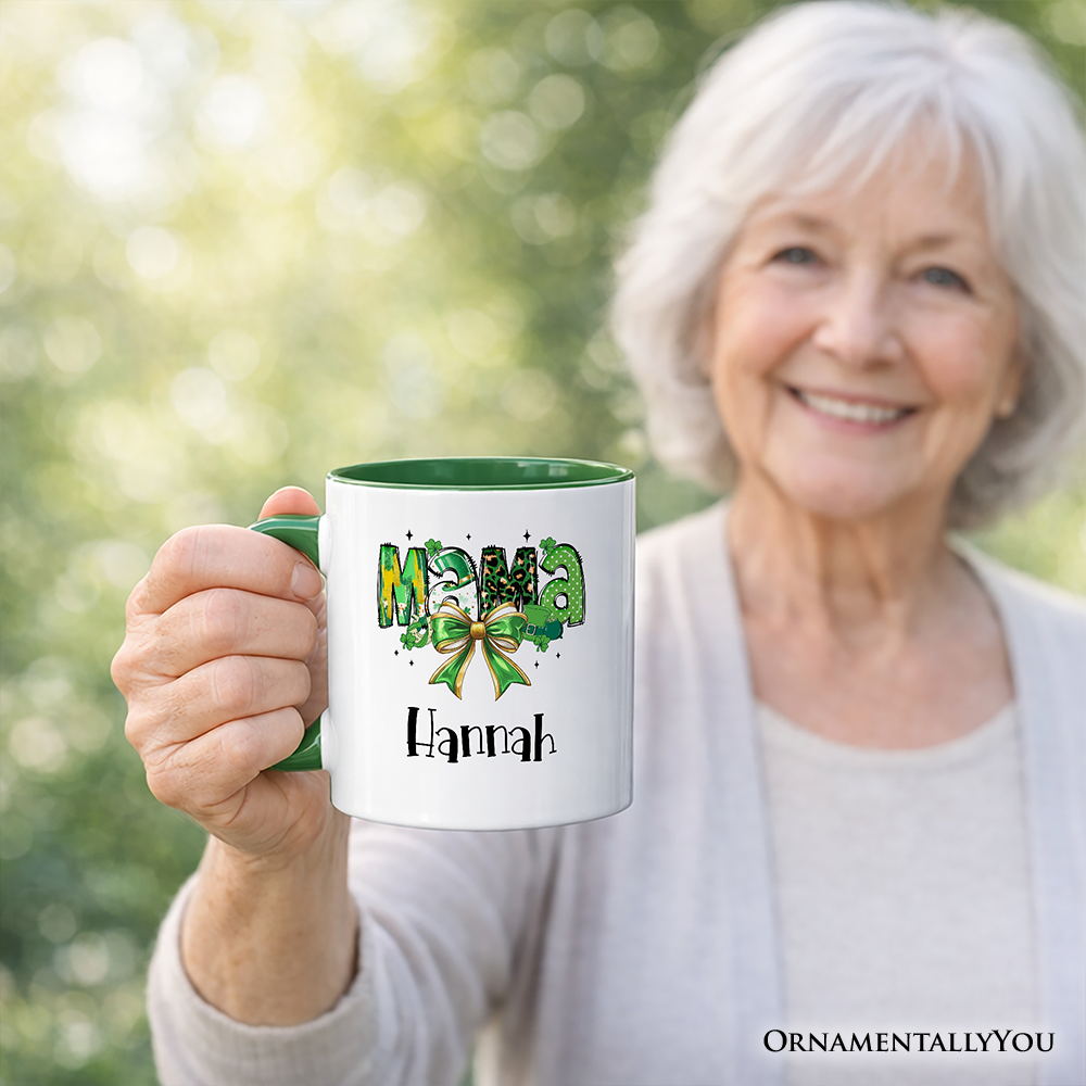 Coquette Mama Bow St Patrick’s Day Personalized Mug, Green Lucky Shamrock Clover Gift with Custom Name