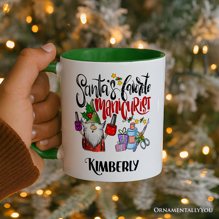 Santa's Favorite Manicurist Nail Art Personalized Mug, Beauty Artist Appreciation Gift with Custom Name