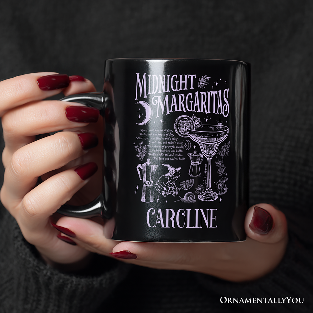 Midnight Margaritas Halloween Personalized Mug, Whimsical Gift for Drinking Witches with Custom Name