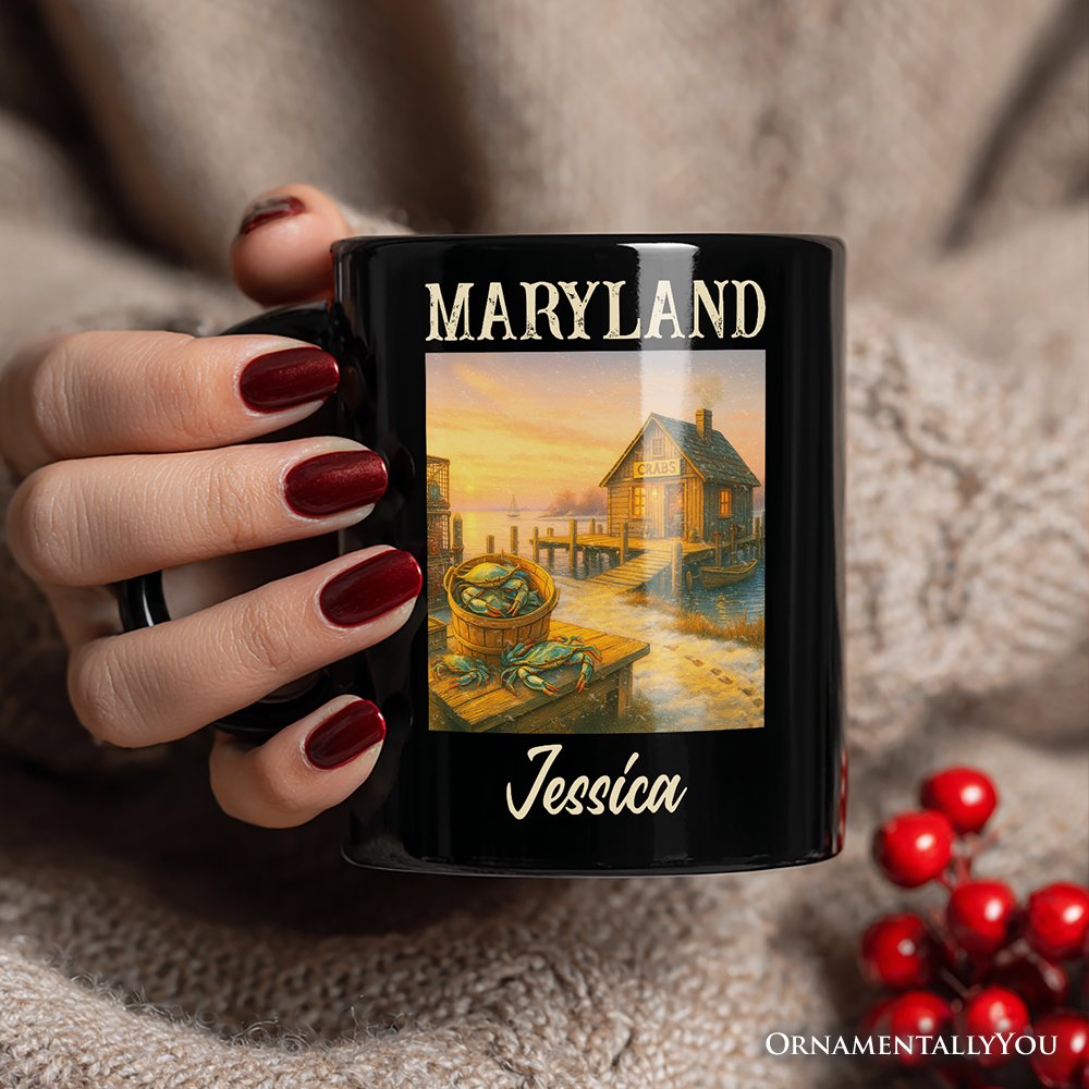 Coastal Maryland State Crabbing Personalized Mug, Chesapeake Bay Fishing Heritage Gift and Travel Souvenir with Custom Name Personalized Ceramic Mug OrnamentallyYou 