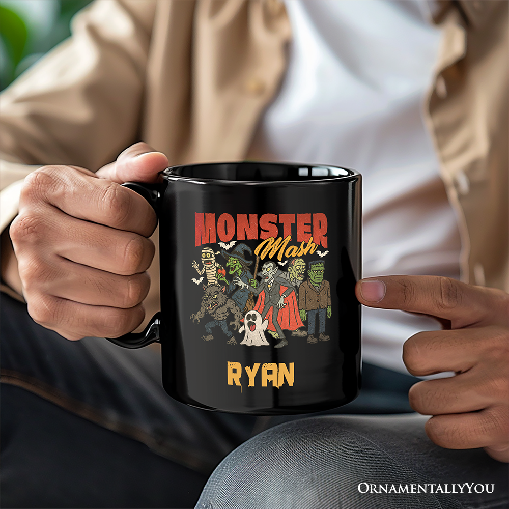 Vintage Monster Mash Personalized Mug, Retro Halloween Friends Gift with Custom Name