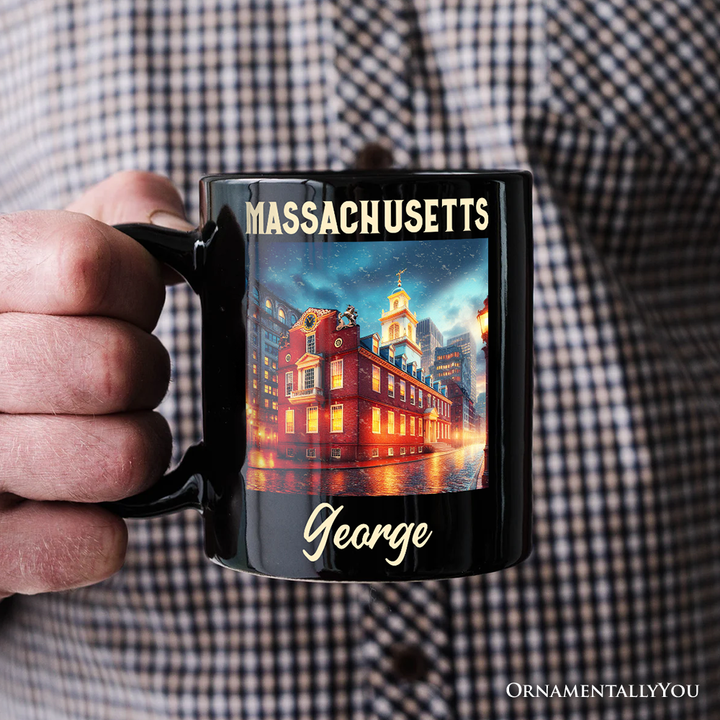 Classic Massachusetts State Old State House Personalized Mug, Colonial Landmark Gift and Boston Travel Keepsake Souvenir with Custom Name