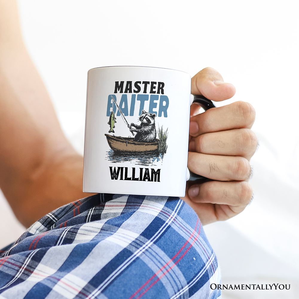 Master Baiter Fishing Personalized Mug, Funny Raccoon Father Vintage Gift with Custom Name