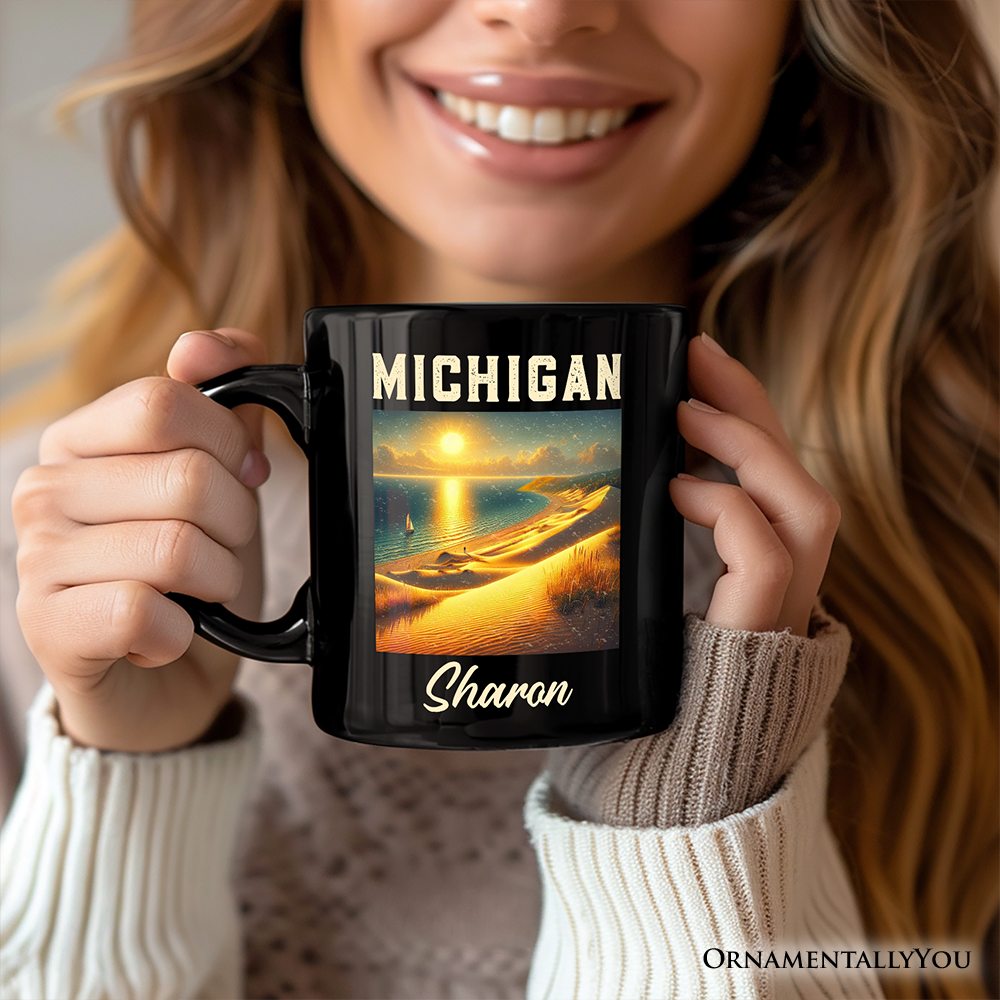 Scenic Michigan State Sleeping Bear Dunes Personalized Mug, Great Lakes Sunset Gift and Coastal Souvenir with Custom Name