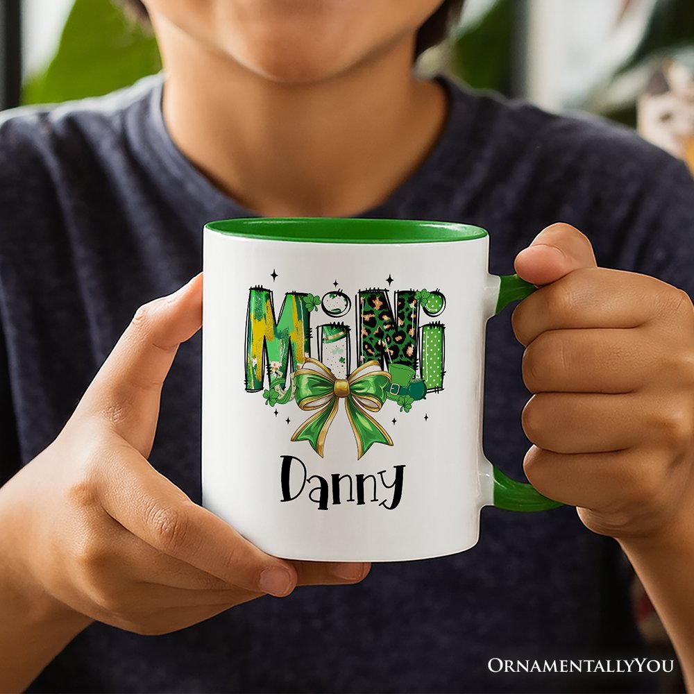 Coquette Mini Clover Bow St Patrick’s Day Personalized Mug, Green Lucky Shamrock Clover Gift with Custom Name Personalized Ceramic Mug OrnamentallyYou 