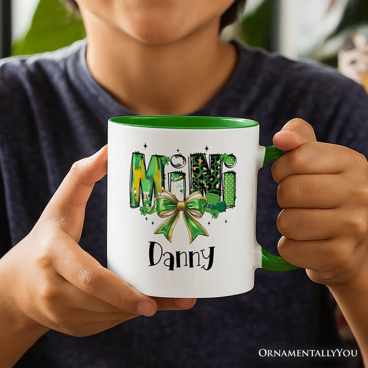 Coquette Mini Clover Bow St Patrick’s Day Personalized Mug, Green Lucky Shamrock Clover Gift with Custom Name Personalized Ceramic Mug OrnamentallyYou 