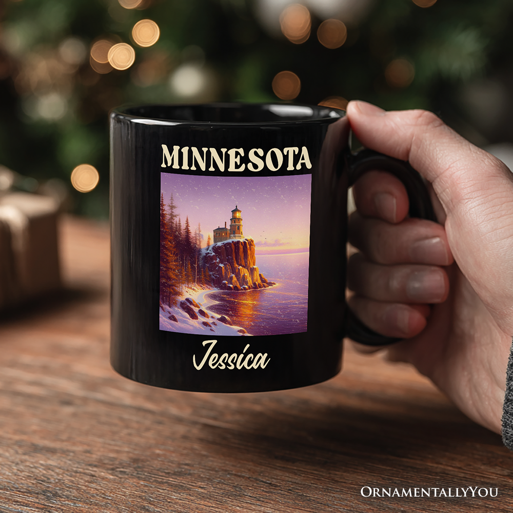 Scenic Minnesota State Split Rock Lighthouse Personalized Mug, Lake Superior Landmark Gift and Travel Souvenir with Custom Name