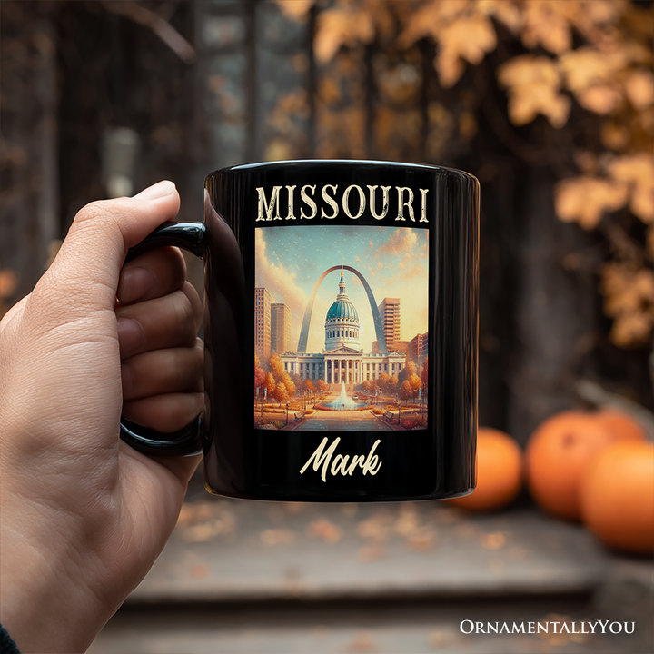 Missouri State Gateway Arch and Courthouse Personalized Mug, Iconic St. Louis Landmarks Gift and Travel Souvenir with Custom Name