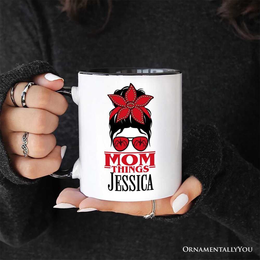 Mom Things Messy Bun Retro Personalized Mug, Red Bandana Glasses Family Matching Gift with Custom Name Personalized Ceramic Mug OrnamentallyYou 