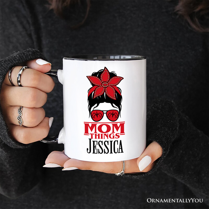 Mom Things Messy Bun Retro Personalized Mug, Red Bandana Glasses Family Matching Gift with Custom Name