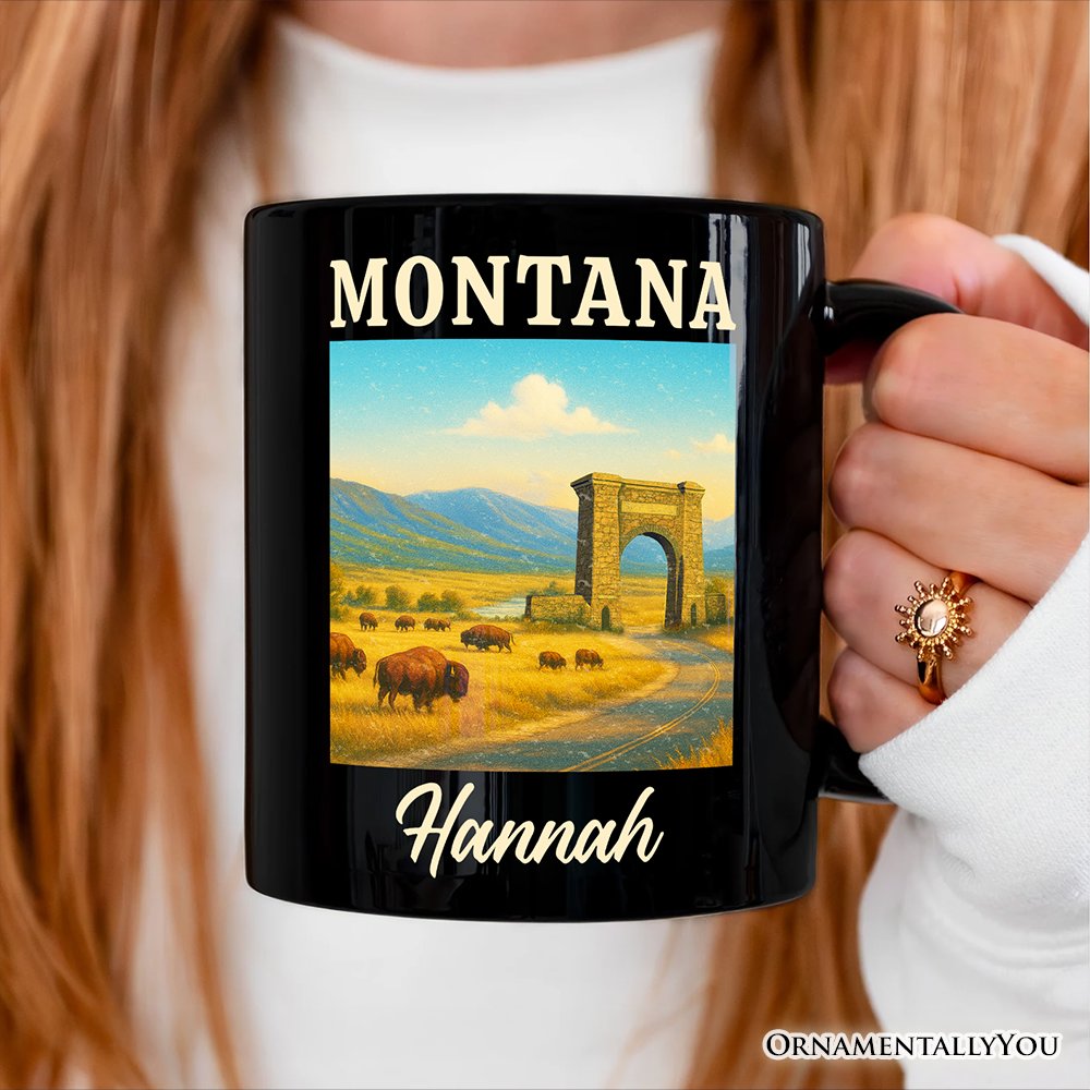Rustic Montana State Wildlife and Landmark Personalized Mug, Yellowstone Entrance Tee and Western Prairie Souvenir with Custom Name Personalized Ceramic Mug OrnamentallyYou 